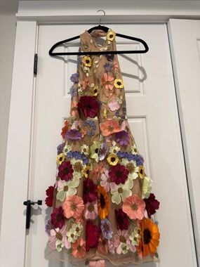 Milly Nude Mesh Mini Dress with Multicolor Floral Appliqués